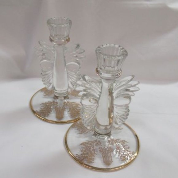 Paden City Glass Crystal Gold Encrusted 6 In Gazebo Candle Sticks, Pair - Picture 3 of 4